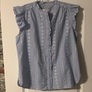 LOFT Blue Sleeveless Ruffled Mandarin Collar Blouse